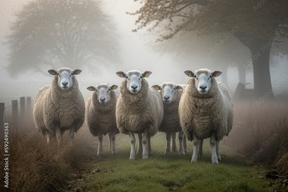 herd of sheep in the fog created with Generative AI technology herd of sheep in the fog created with Generative AI technology