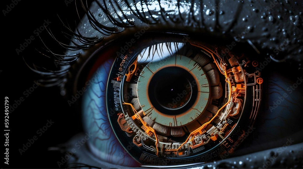 cyber, cybernetic, closeup of mechanical android eye (generative ai)