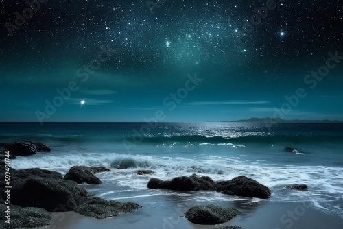 ocean in night, wonderful view magical with stars using ai