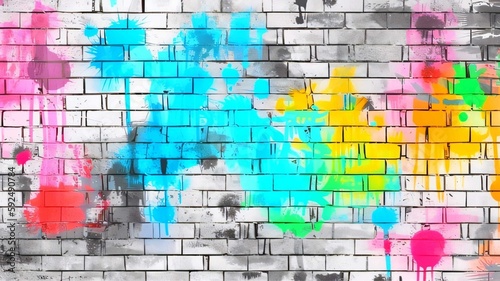 white  pastel and colorful splashes  brick wall banner background  generative ai 