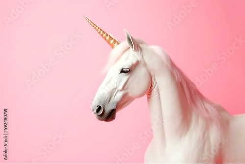 Fantasy unicorn with gold horn, pink background (generative ai) © Trisha