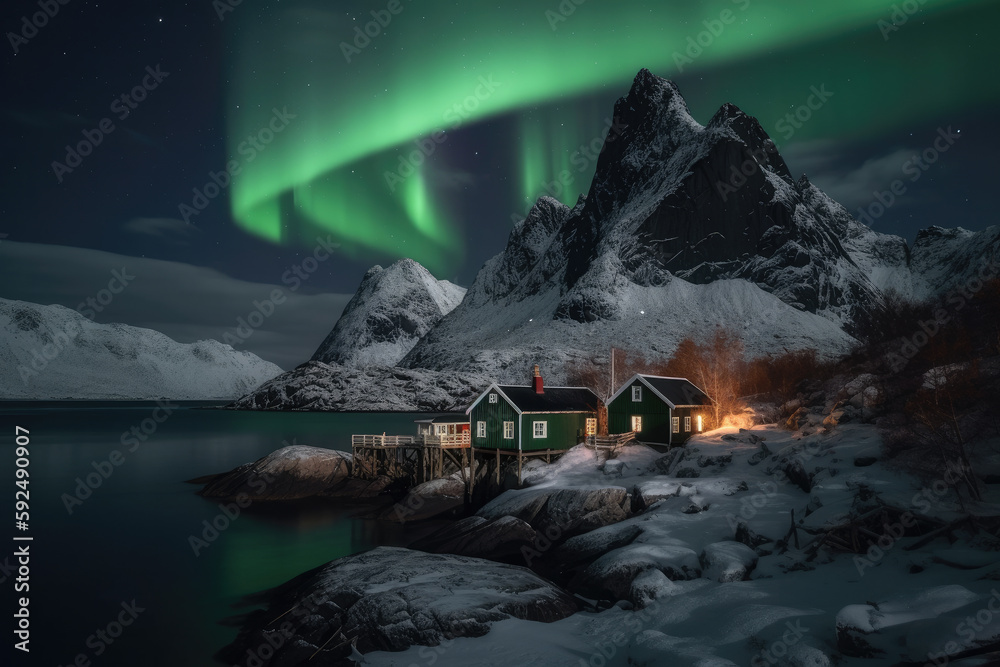 lake in the mountains in norway with northern lights created with Generative AI technology