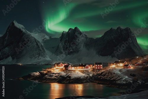 lake in the mountains in norway with northern lights created with Generative AI technology