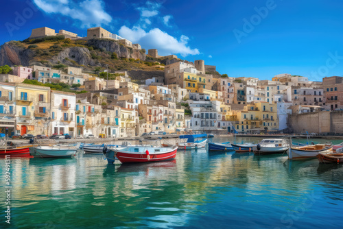 Sicilian port of Castellammare del Golfo, amazing coastal village of Sicily island, province of Trapani, Italy created with Generative AI technology photo