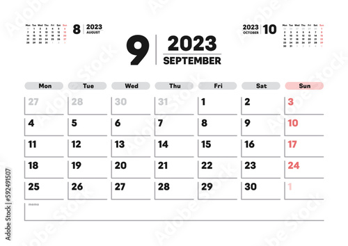 2023年9月のカレンダー - 月曜始まりの月めくりマンスリーカレンダー - 3ヶ月分･A版比率
