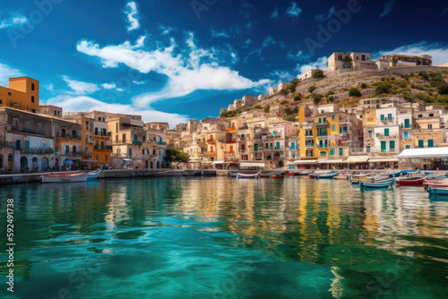 Sicilian port of Castellammare del Golfo, amazing coastal village of Sicily island, province of Trapani, Italy created with Generative AI technology © Robert Herhold