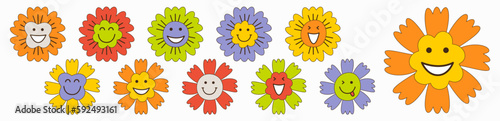 Smiling flower, abstract personage, mascot design, funny face, cute icon.