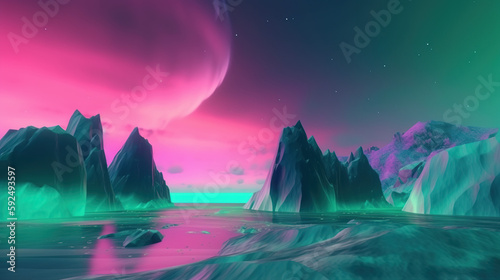  abstract panoramic background. Seascape with cliffs under the pink blue night gradient sky with northern lights  fantasy scenery wallpaper with Aurora Borealis
