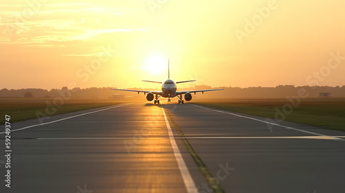 Airplane landing on sunset