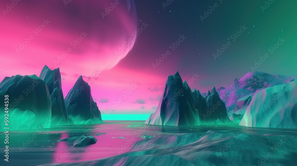 abstract panoramic background. Seascape with cliffs under the pink-blue night gradient sky with northern lights, fantasy scenery wallpaper with Aurora Borealis