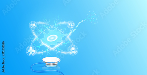Medical health care. Human nerve float on stethoscope with medical icons radius ring surrounds. Internal organs translucent white and copy space for text. 3D Vector EPS10.