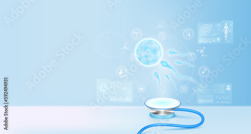 Sperm and egg cells float away from stethoscope. Fertilization reproductive and health care pregnancy. Electronic medical technology innovation. Doctor diagnose digital data record. Realistic Vector.