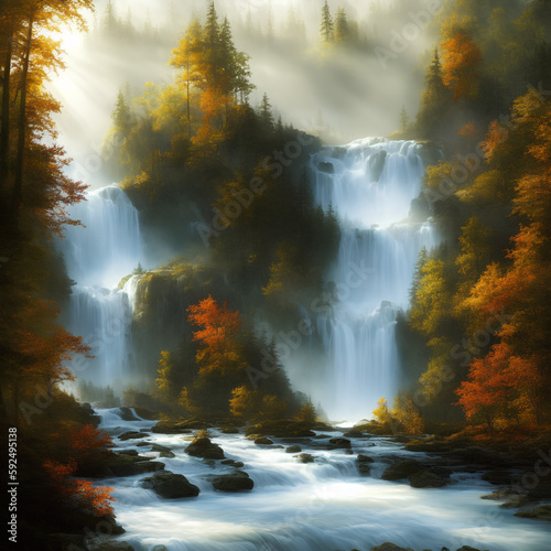 two waterfalls in a forest in autumn with fog, falls, cascades, Generative AI