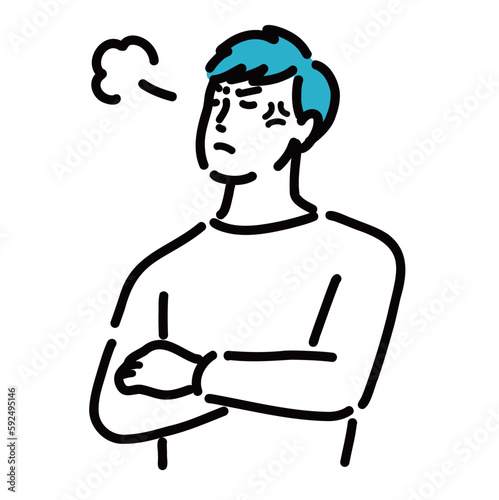 腕を組んで怒っている若い男性
