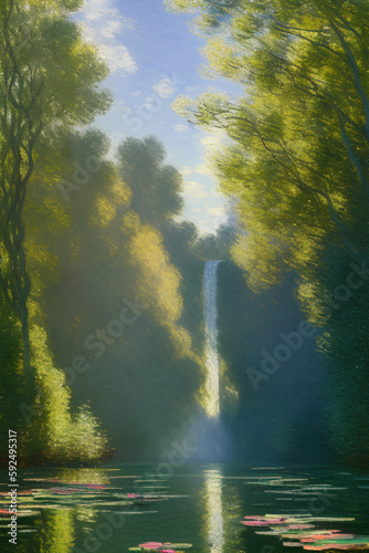 Impressionist painting of a waterfall falling in a lake with lily pads, landscape, Generative AI
