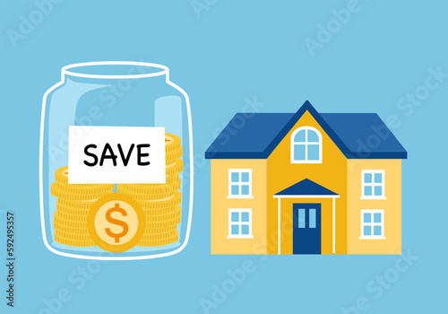Saving money for purchasing house in flat design.