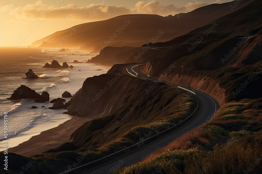 Fototapeta premium street on coastline with sunrise created with Generative AI technology