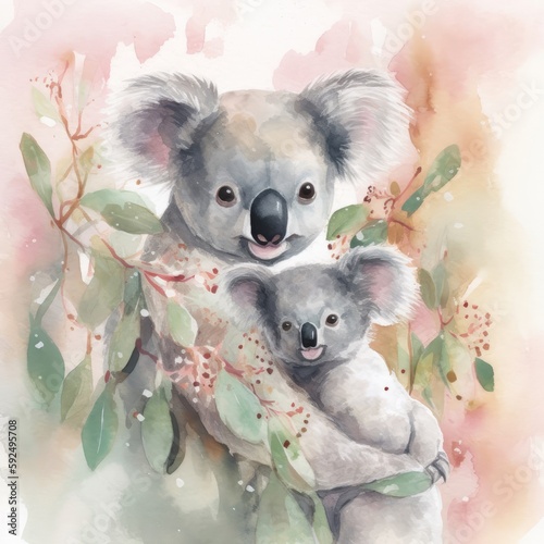 Watercolor illustration of koala mother with her baby on a floral background Generative Ai
 photo