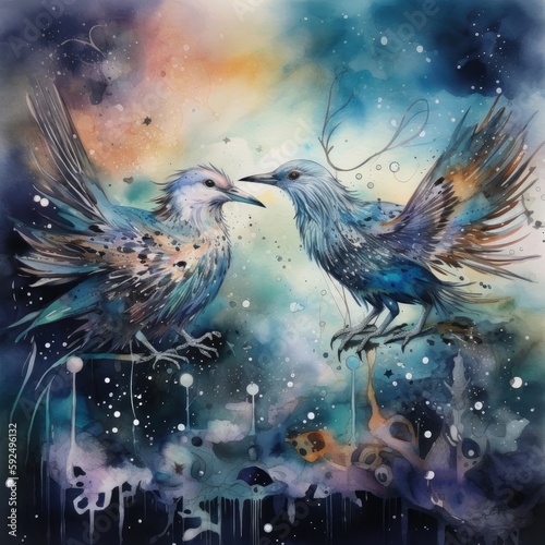 Watercolor illustration of a pair of birds on a background of the night sky Generative Ai © Rusticity