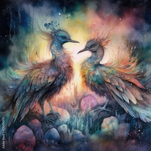 Watercolor illustration of a pair of birds on a background of the night sky Generative Ai