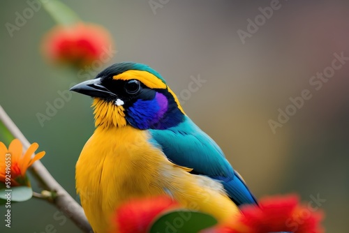 Golden breasted Starling bird in the treetops in a tropical rainforest, Amazon of Brazil. Wildlife concept of ecological environment. Generative AI