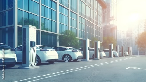 Electric vehicle charging station in a cityscape, featuring modern EVs and emphasizing renewable energy and sustainable infrastructure. Generative AI