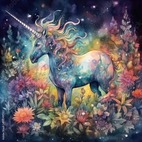 Watercolor painting of a unicorn surrounded by flowers on a dark background Generative Ai 