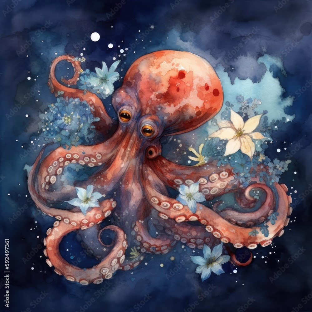 Watercolor illustration of octopus in space with stars and flowers Generative Ai Watercolor illustration of octopus in space with stars and flowers Generative Ai