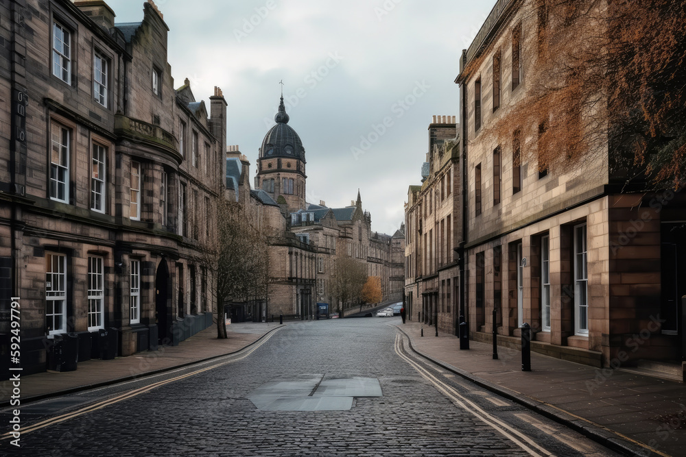 street view of Edinburgh, Scotland, UK created with Generative AI technology