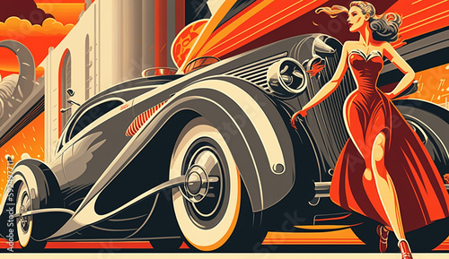 illustration of woman and transport with future technology in retro futuristic 30s style poster ,generative ai