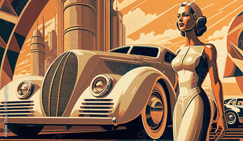 illustration of woman and transport with future technology in retro futuristic 30s style poster ,generative ai