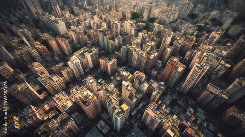 An aerial top view of a massive skyscraper complex with a futuristic design photo