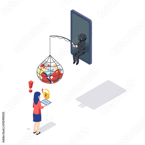 Thief Hacker attacks a tablet by stealing an account. fraud scam and steal personal data, financial documents on devices. vector illustration flat design for cyber security awareness concept.