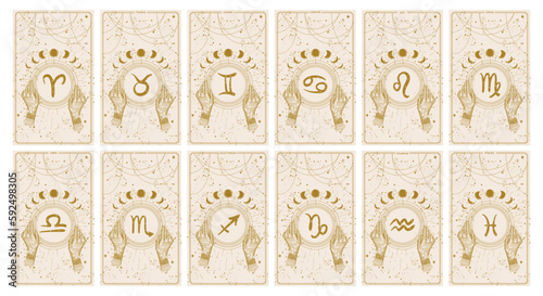 Set of vertical zodiac cards for stories, astrological horoscope, boho line design, gold engraving on natural color background. Vector illustration isolated.