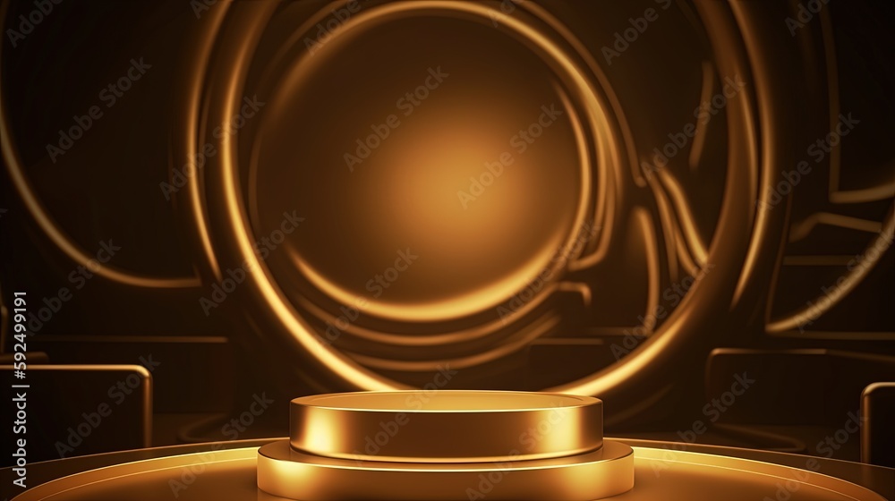 Golden podium with round frame on black background. Award ceremony concept. 3D rendering.Generative Ai