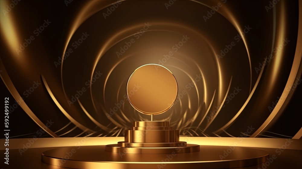 Golden podium with round frame on black background. Award ceremony concept. 3D rendering.Generative Ai