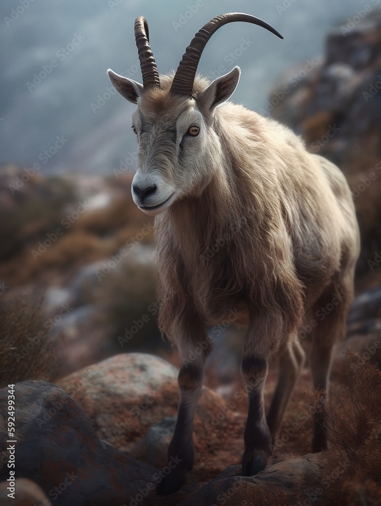 A beautiful mountain goat, standing in a leader's pose and contemplating further events against a background of large, beautiful rocks A beautiful mountain goat, standing in a leader's pose and contemplating further events against a background of large, beautiful rocks