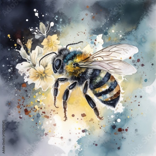 Watercolor painting of a bee on a flower Generative Ai © Affectiona