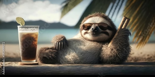 sloth is on summer vacation at seaside resort and relaxing on summer beach
