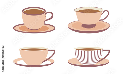 set of vector cups for tea with saucer in flat style