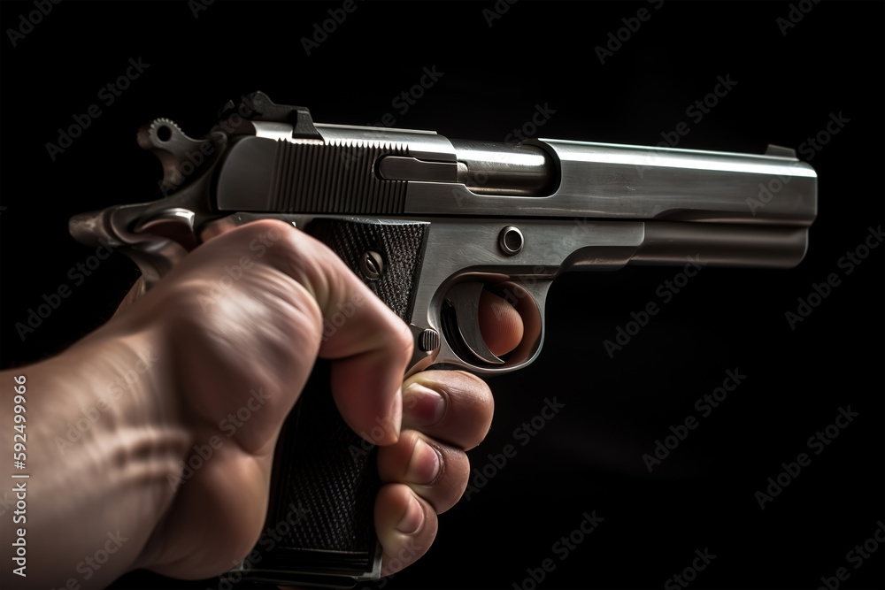Man's hand holding pistol, pointing aside weapon gun close-up. Aggression, crime, self-defense. Generative AI Man's hand holding pistol, pointing aside weapon gun close-up. Aggression, crime, self-defense. Generative AI