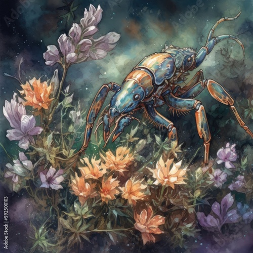 Watercolor illustration of a Scorpion on a background of flowers Generative Ai