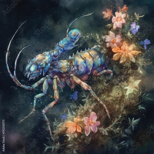 Watercolor illustration of a Scorpion on a background of flowers Generative Ai