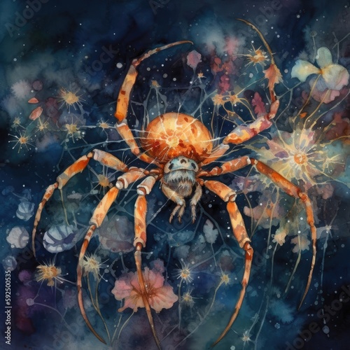 Watercolor illustration of a spider with flowers on the background of the night sky Generative Ai © Vibrant
