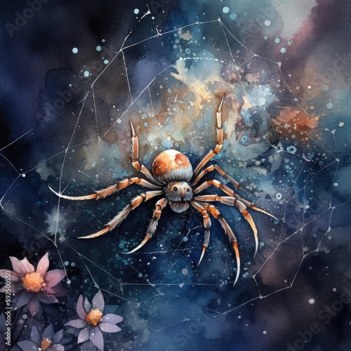 Watercolor illustration of a spider with flowers on the background of the night sky Generative Ai