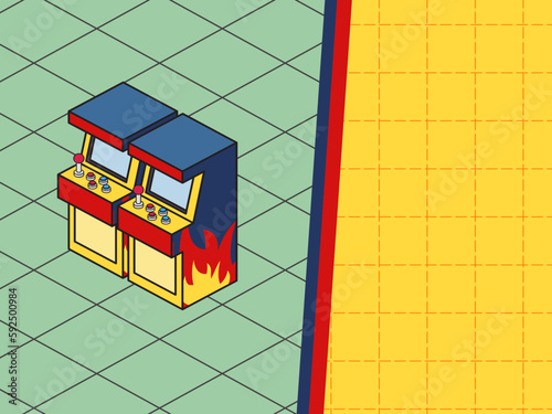 Vector background created by several objects set to arcade game machine in retro style