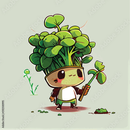 cute Cress vegetable character, cartoon, children book style, artistic, theme print design, for t-shirt print and case, Illustrator
