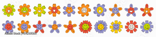 Diverse avatars, glad flowers. Vector stickers, variety impressions, bright smiley floret. Colorful simple figures.