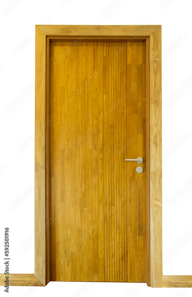 Wooden door decorated with baseboard on transparent background.