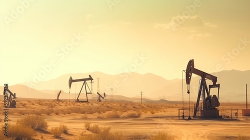 Working oil pumps in desert place. Natural resources industry. Oil rig in dunes. Generative AI